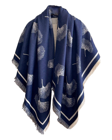 Ginkgo Square Reversible Navy & Cream Shawl Wrap