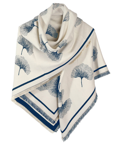 Ginkgo Square Reversible Navy & Cream Shawl Wrap