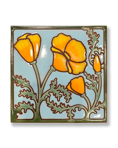 California Poppies Ceramic Tile in Quartersawn White Oak Frame