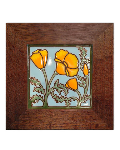 California Poppies Ceramic Tile in Quartersawn White Oak Frame