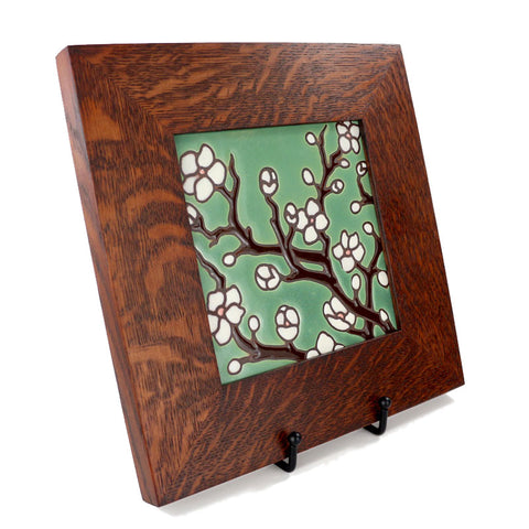 Carly Quinn Cherry Blossoms Jade Oak Framed Ceramic Tile