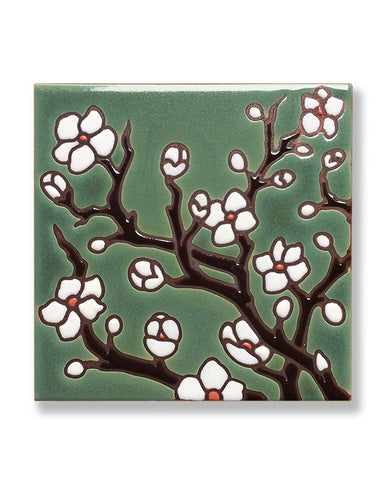 Cherry Blossoms Jade Ceramic Tile in Quartersawn White Oak Frame