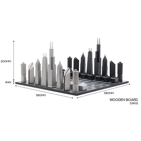 Chicago Skyline Chess Set - Stainless Steel/Wood Map Board