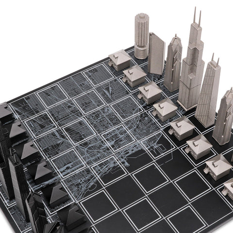 Chicago Skyline Chess Set - Stainless Steel/Wood Map Board