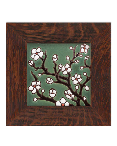 Cherry Blossoms Jade Ceramic Tile in Quartersawn White Oak Frame