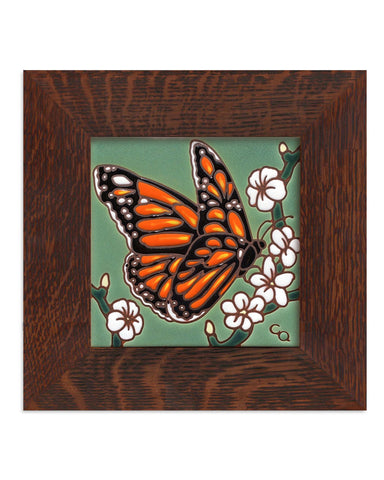 Monarch with White Flowers Ceramic Tile in Quartersawn White Oak Frame