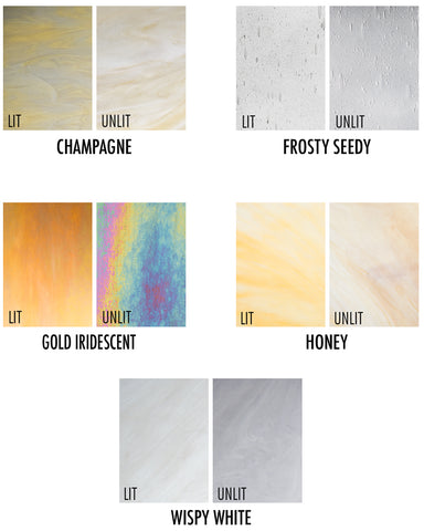 Glass Options, shown backlit and unlit. Available in Champagne, Frosty Seedy, Gold Iridescent, Honey and Wispy White