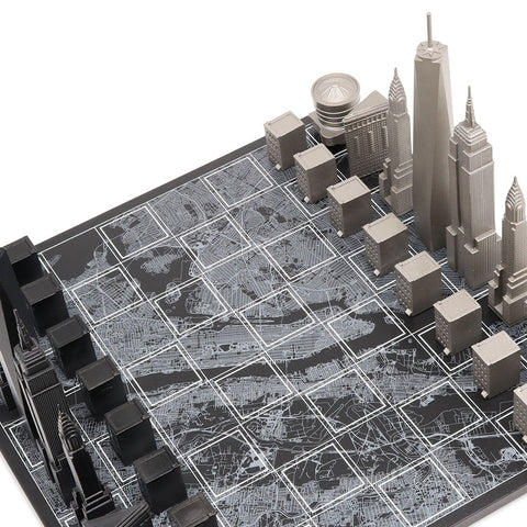 NYC Skyline Chess Set - Stainless Steel/Wood Map Board