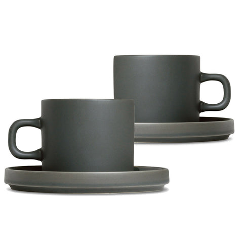 Blomus Pilar Stoneware Coffee Cups With Saucers Set Of 2 - Agave Green