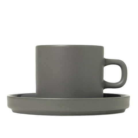 Blomus Pilar Stoneware Coffee Cups With Saucers - Pewter