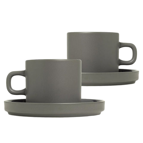 Blomus Pilar Stoneware Coffee Cups With Saucers Set of 2 - Pewter