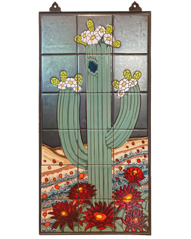 Carly Quinn Saguaro on Silver Tile Mural 18" x 36"