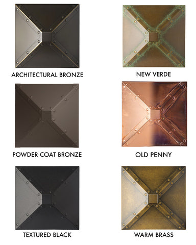 American Craftsman lighting finishes - Architectural Bronze, New Verde, Powder Coat Bronze, Old Penny, Textured Black, Warm Brass