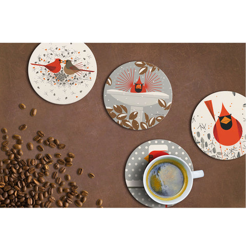 Charley Harper Cardinals Absorbent Stone Coaster Set display