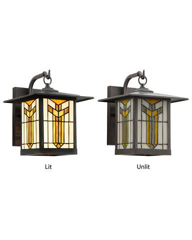 Mission Craftsman Stained Glass Wall Sconce Thea Lit and Unlit